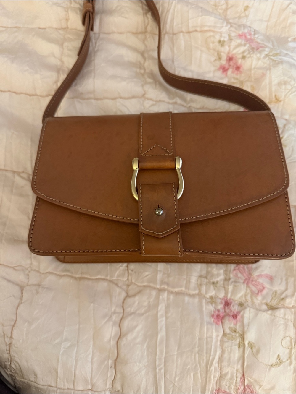Saddle Brown Leather Shoulder Bag with Buckle Accent
